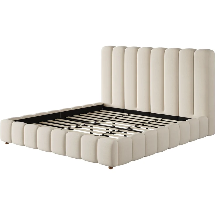 Merax Polsterbett, Doppelbett, 200*200cm, Bett mit Lattenrost und gepolstertes Kopfteil, Beine aus Massivholz, beige, samt – Bild 8