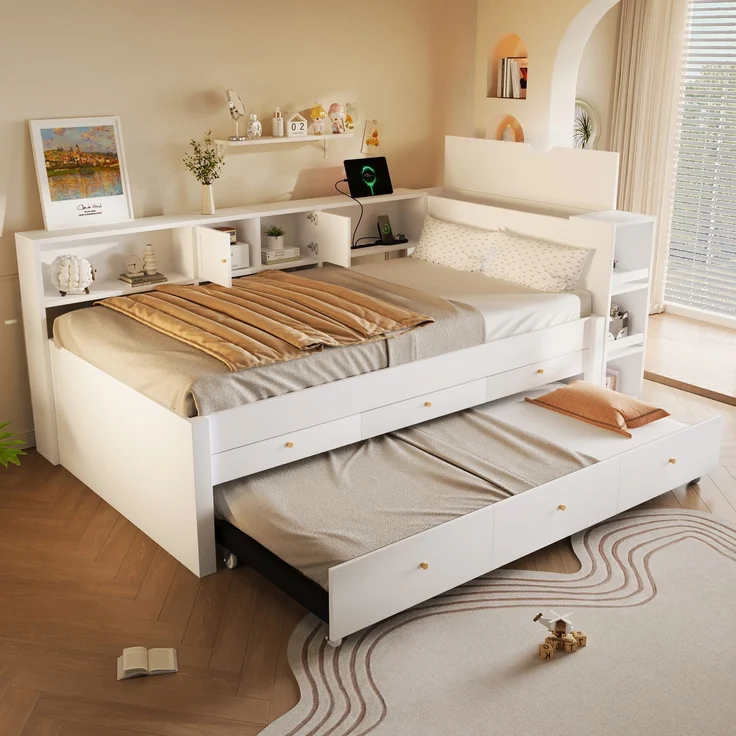 140x200 cm Holzbett mit USB-Ladeanschluss, 3 Schubladen und ausziehbarem Gästebett, Stauraumbett – Bild 1