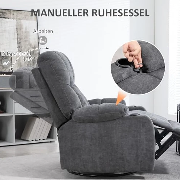 HOMCOM Relaxsessel Fernsehsessel mit Liegefunktion, Schaukelfunktion und Becherhalter (TV-Sessel, 1-St, Ruhesessel), für Wohnzimmer, Dunkelgrau – Bild 5