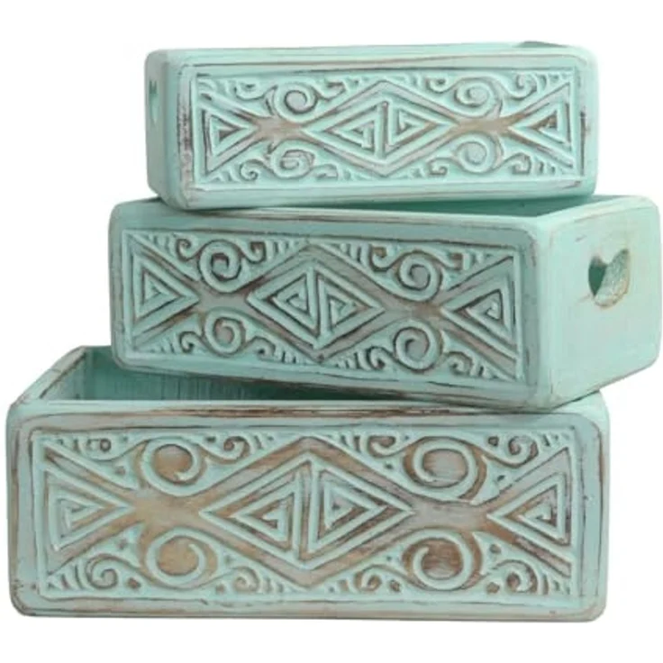 Oriental Galerie Aufbewahrungsbox 3 er Set Holzboxen mit Schnitzereien Türkis – Bild 1