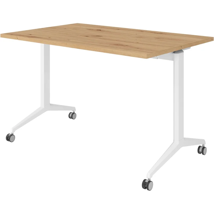 bümö Seminartisch klappbar fahrbar 120x80 cm Asteiche, Gestell weiß - Klapptisch staffelbar, mit vier Doppelrollen Büro Schulungstisch, KFZ12-R-W – Bild 1