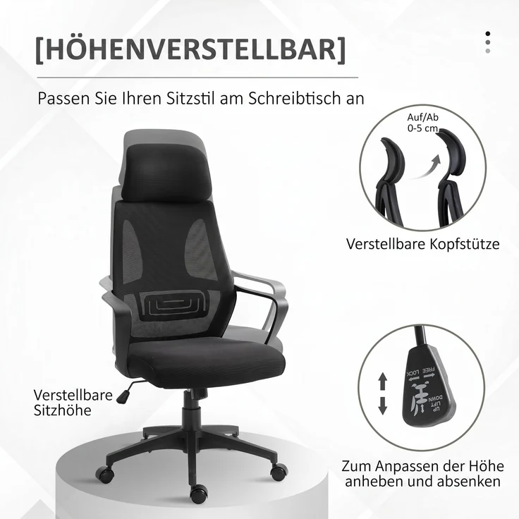 MELAYR, Bürostuhl, Schreibtischstuhl mit Wippfunktion Höhenverstellbarer mit Kopfstütze, 64 x 55 x 126 cm, Schwarz – Bild 6