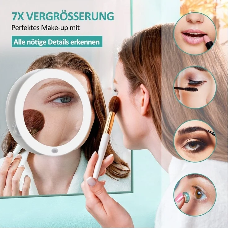EMKE Schminkspiegel LED Kosmetikspiegel mit Saugnapf 7X Vergrößerung mit Licht, Make up Schmink Spiegel Tragbarer Wandspiegel Batteriebetrieben, Weiß – Bild 3
