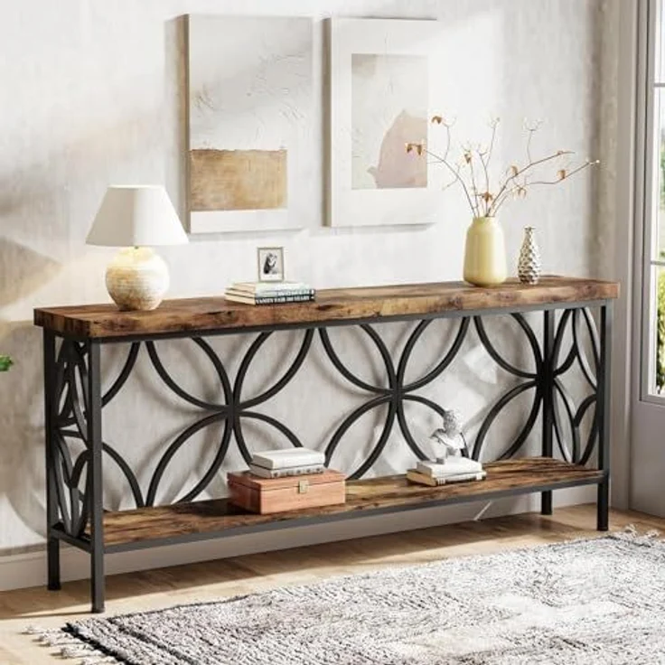 LITTLE TREE Sofatisch, 160 cm großer Industrie-Couchtisch hinter dem Sofatisch mit Aufbewahrungsregalen, schmaler Langer Konsolentisch für den Eingangsbereich, Wohnzimmer, Foyer, Flur, Büro – Bild 2