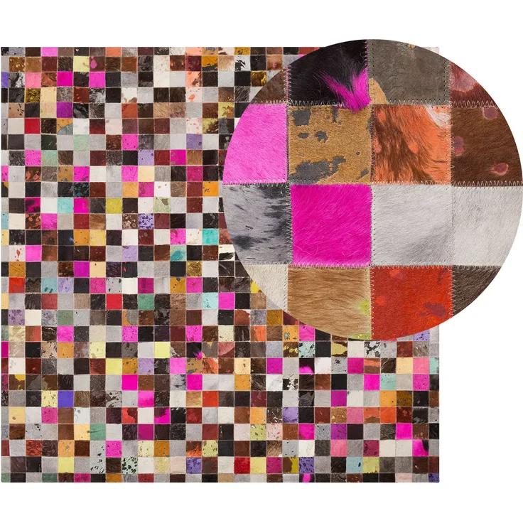 Teppich Kuhfell bunt 200x200 cm Patchwork Kurzflor ENNE