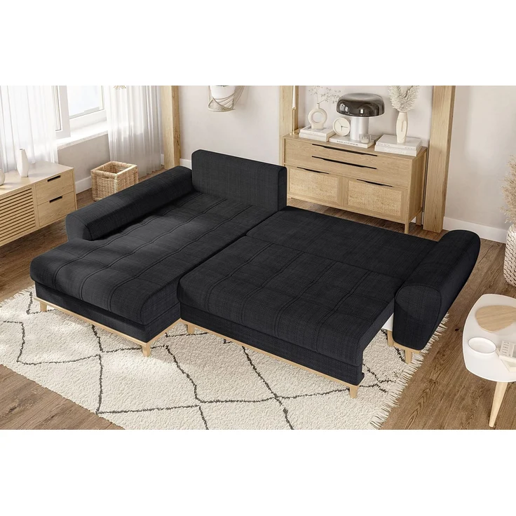 Ecksofa Scandi-Stil Schlafcouch Stauraum Ottomane LI Bouclé Chenille Anthrazit – Bild 5