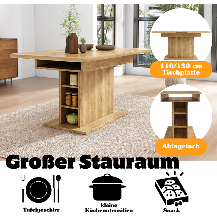 Ausziehbarer Esstisch mit integriertem Stauraum und seitlichen Ablagefächern, 70x130x75 cm, Natur – Bild 5