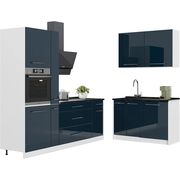 Küchenzeile Fame-Line Dunkelblau Hochglanz/Weiß 220 x 120 cm ohne Arbeitsplatte Vicco – Bild 6