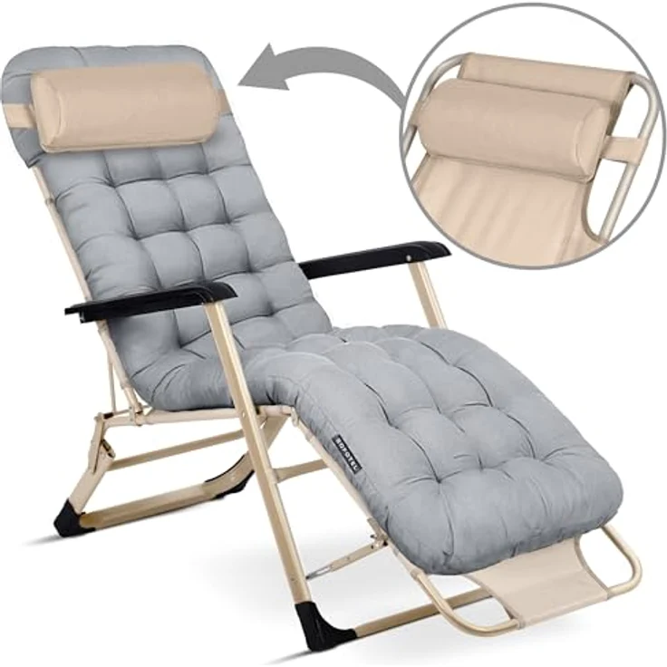 Sofotel Sonnenliege Klappbare Gartenliege Bis 120 kg Liegestuhl mit Kissen und Kopfstütze Grau Beige ChillWell Luxury – Bild 5