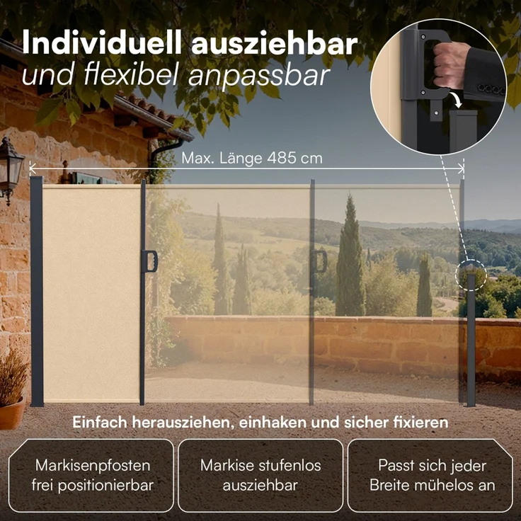 STEELSØN 'Zirella' Seitenmarkise mit Aluminium-Kassette, ausziehbar, 200x485 cm, beige/anthrazit, wetterfest und blickdicht – Bild 6