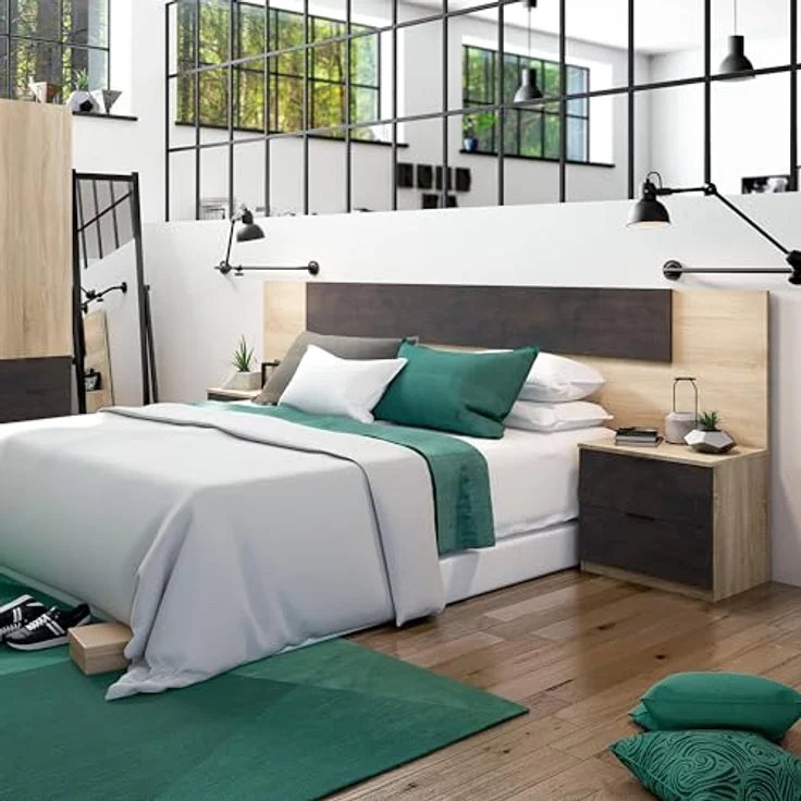 Habitdesign, modernes Kopfteil mit 2 Nachttischen und 4 Schubladen – Schlafzimmer-Set in Kanadischer Eiche & Rostoptik, viel Stauraum, Maße: 247 x 95 x 38 cm (B x H x T), Modell Alaya – Bild 7