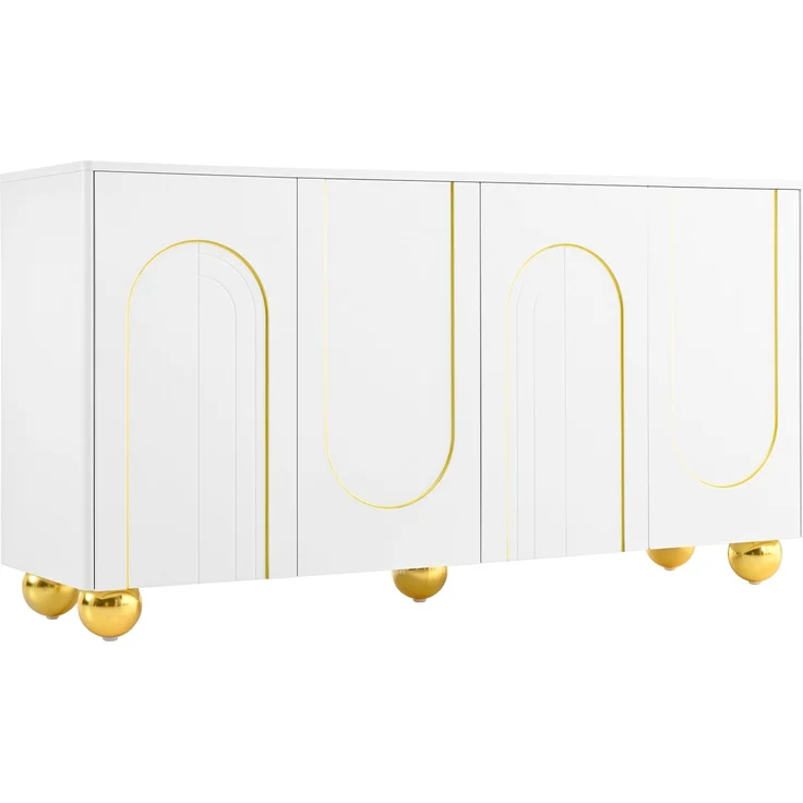 Merax Wohnzimmerschrank, Viertüriges Sideboard, Esszimmer Staurschrank mit Bogen-Goldlinien-Dekor, mit kugelförmigen Metallfüßen, Weiß – Bild 8