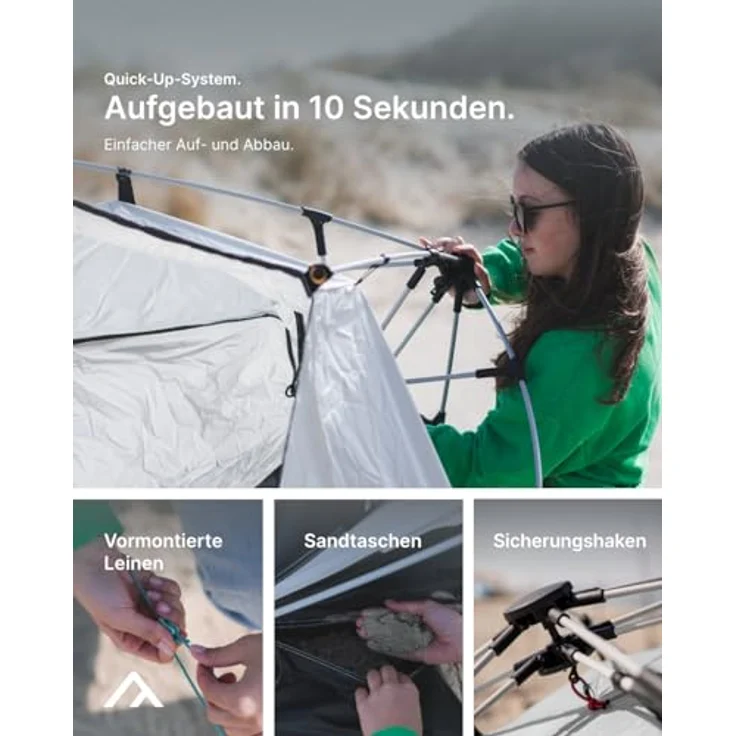 qeedo Quick Bay Pro Große Strandmuschel mit UV-Schutz (UV80) für 3 Personen inkl. Sandheringe und Roll-in-Bag Sonnenschutz - Sandgrey – Bild 3