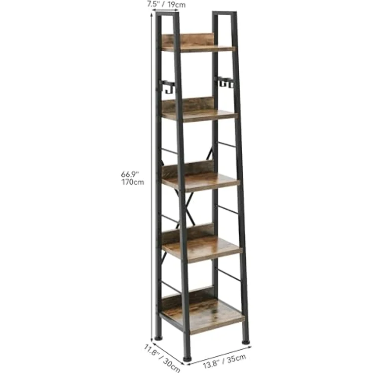 YITAHOME Schmal Bücherregal mit 5 Ebenen 35 cm Breit, Industrielles Leiterregal Standregal Holzregale und Metallrahmen, Modernes Regal für Wohnzimmer, Büro, Rustikales Braun – Bild 3