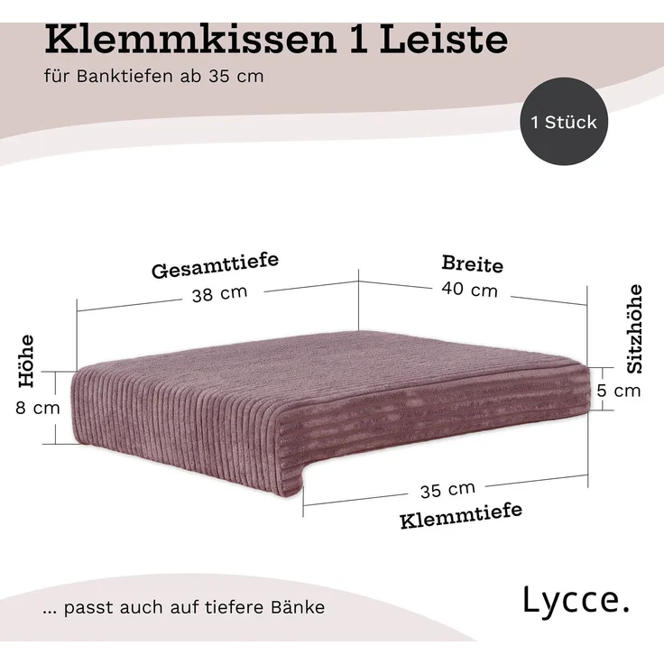 Lycce Bankauflage Klemmkissen mit Leiste - Cord, Polsterung, rutschfest Altrosa 8x40x38cm – Bild 4