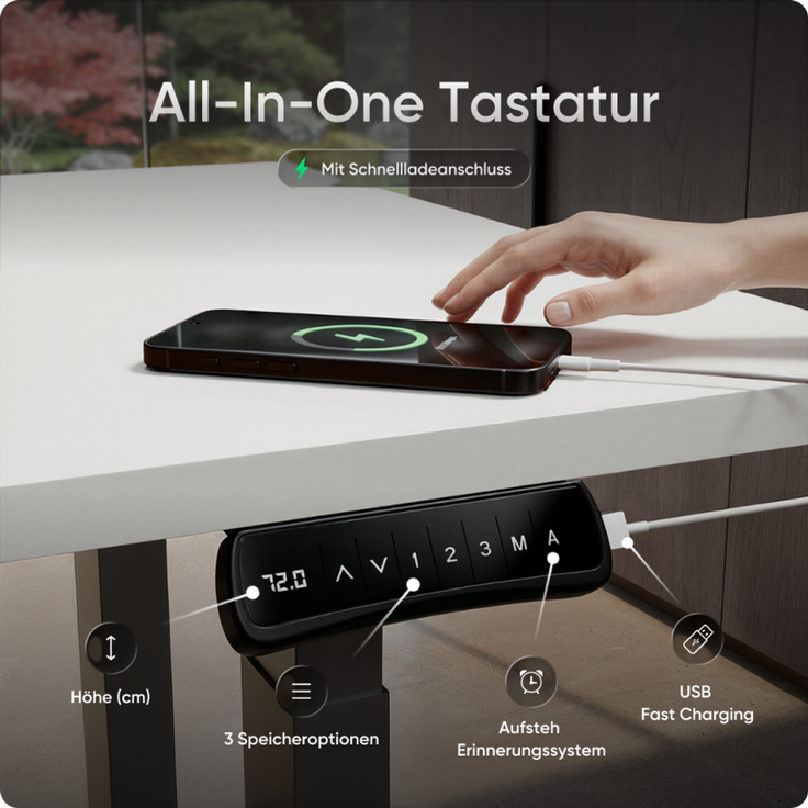 DESKSPACE Höhenverstellbarer Schreibtisch elektrisch mit leisem Dual-Motor – stabiles 4-Bein-Gestell (Grau Gestell, Weiß Tischplatte, 180×80 cm) – Bild 7