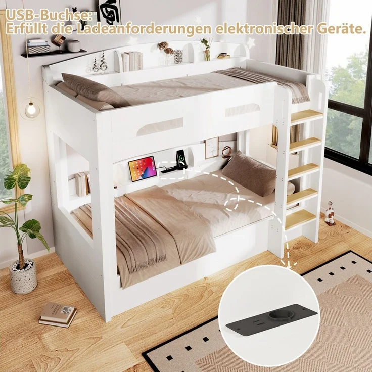 Flieks Etagenbett, Kinderbett 90x200cm mit Steckdose darunter und Ablagefächer – Bild 3