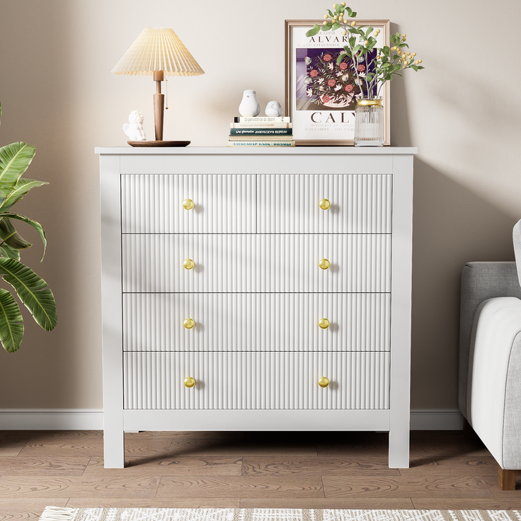 Kommode mit 5 Schubladen Weiss Struktur Front Gold Griffe Sideboard Aufbewahrung Schrank Schlafzimmer Wohnzimmer 80cm – Bild 3