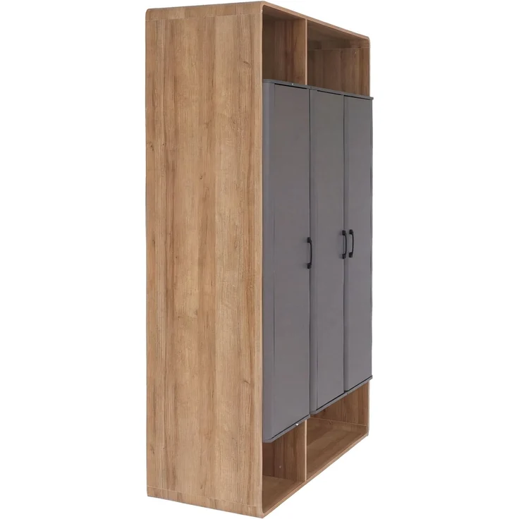 Schrank HWC-P43, Garderobenschrank Kleiderschrank Highboard 3 Türen MDF 200x120x55cm ~ Rivera-Eiche-Optik, dunkelgrau – Bild 8