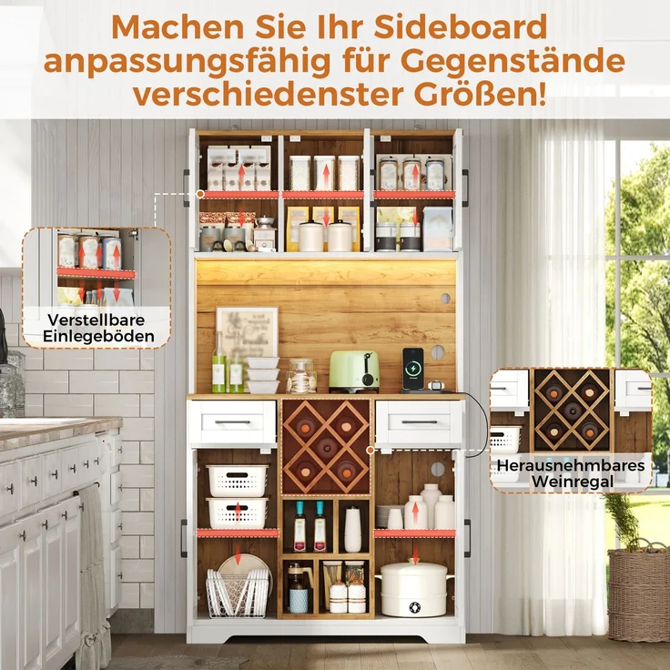 ZUBALIYA hoher Stauraumschrank mit LED-Beleuchtung / Vorratsschrank mit Weinregalen, mit weinschrank & Vitrinenschrank für Wohnzimmer und Esszimmer, 180 x 105 x 40 cm, fürs Wohnzimmer, mit Schubladen – Bild 16
