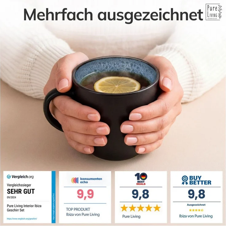 Steingut Kaffeetassen 6 Pers. Ibiza Hochwertiges Mediterranes TEST SEHR GUT Tassen Set, Spülmaschinen-, Mikrowellen- und Kratzfest - Stylisches Tee- und Kaffeebecher Set - Pure Living in Rauchblau – Bild 3