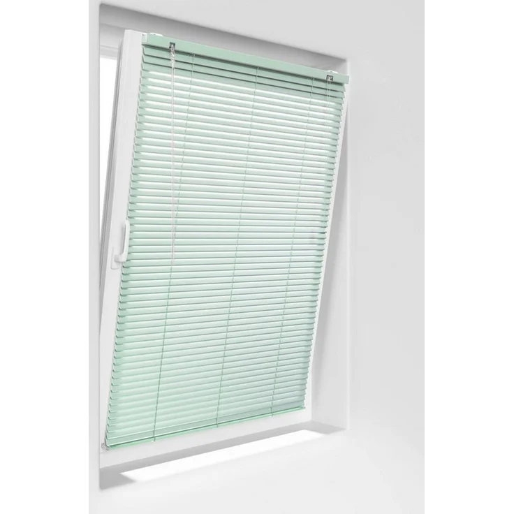 Victoria M. Jalousie LightLess Prime Aluminium-Jalousie 50x130 cm Mondschein-Grün matt, mit Bohren, ohne Bohren, geklemmt oder verschaubt, L Profil 25 mm Lamellen, feuchtigkeitsbeständig, verdunkelnd – Bild 4