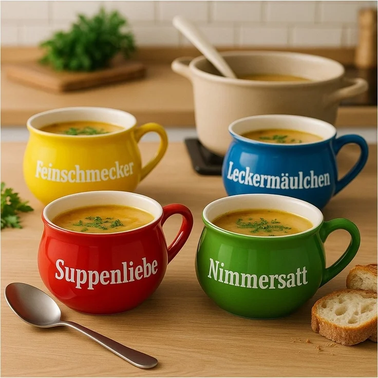 BURI Suppentassen 8er-Set aus Keramik | Bunte Henkel-Schüsseln mit Sprüchen | 400 ml | Spülmaschinenfest & mikrowellengeeignet | Mediterraner Stil – Bild 2