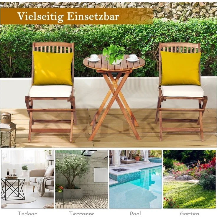 COSTWAY Balkonset, (3-tlg), klappbar, mit Sitzkissen, Akazienholz 2 Personen – Bild 2