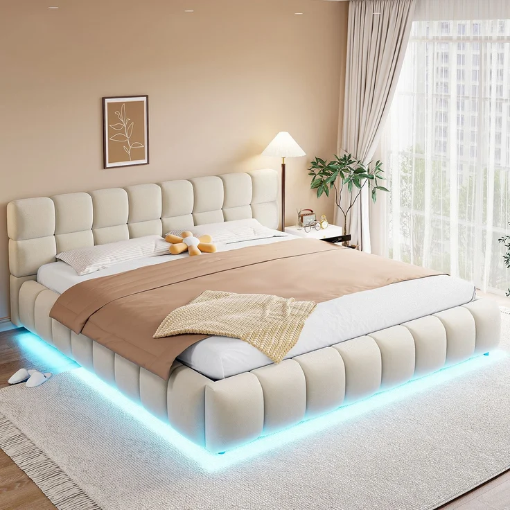 Merax Polsterbett 180 x 200 cm Doppelbett, Mit Lichtleiste, Kopfteil und Bettseiten mit voluminöser, Solider Formgebung, Ausgestattet mit hydraulischer Staufunktion, Samt, Beige – Bild 2