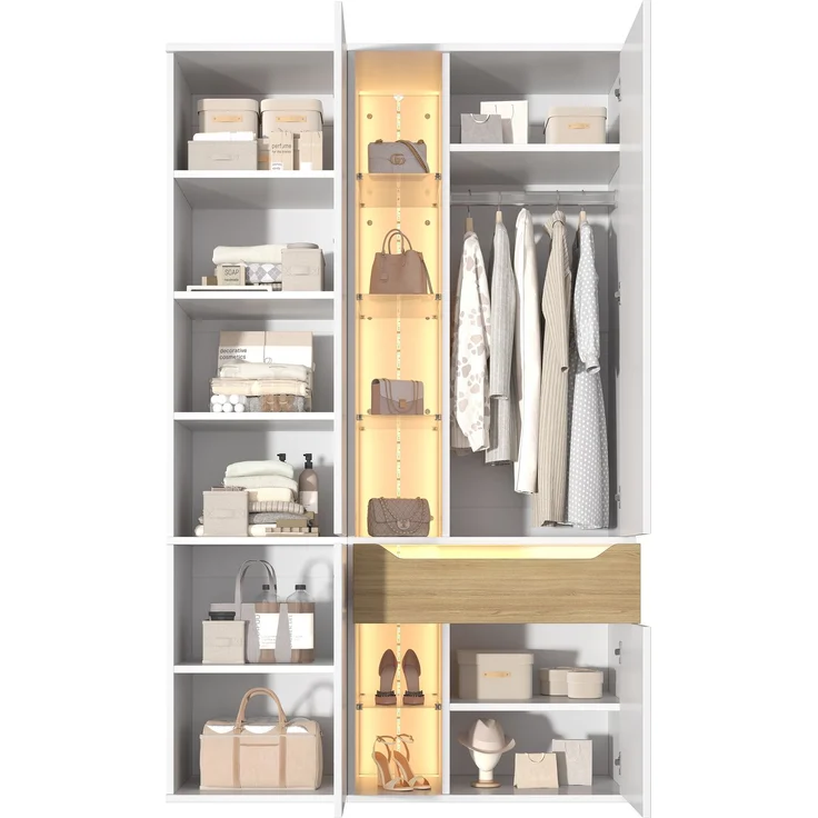 Kleiderschrank 122 x 50 x 200 cm aus MDF mit Glasvitrine und LED-Beleuchtung – Bild 6