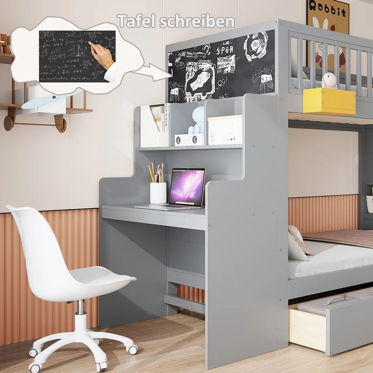 Etagenbett für Kinder mit Aufbewahrungsschubladen, Sicherheitstreppe, Schreibtisch und Sternenmotiv – 90 x 200 cm Massivholzrahmen aus Kiefernholz, Grau – Bild 4