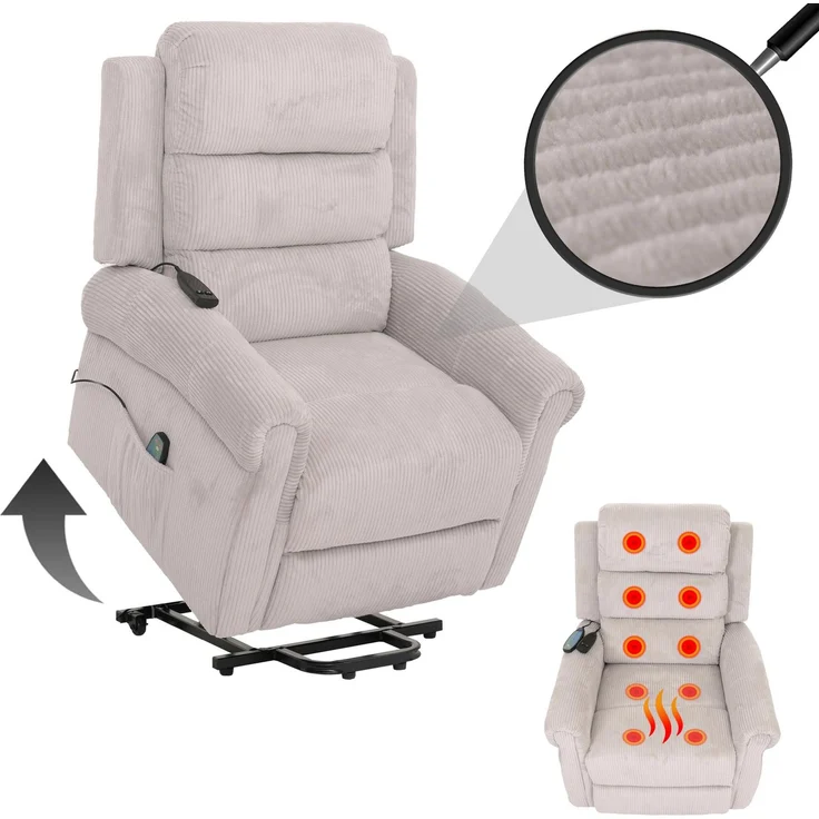 Fernsehsessel HWC-K63, Relaxsessel, Liegefunktion Aufstehhilfe Massage Heizfunktion, Stoff (220g/m²) Cord ~ hellgrau – Bild 1