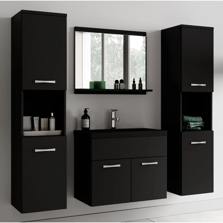 Badplaats Badmöbel Komplettset Montreal XL 60x35 cm Schwarz Matt - Badezimmermöbel mit Schwarze Waschbecken, Spiegel und 2 Badezimmerschränke – Bild 2