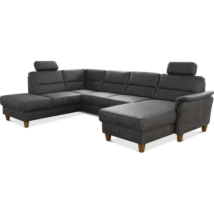 CAVADORE U-Form-Sofa Palera / Federkern-Wohnlandschaft mit Schlaffunktion, Stauraum und 2 Kopfstützen / 314 x 89 x 212 / Mikrofaser in Lederoptik, Dunkelgrau