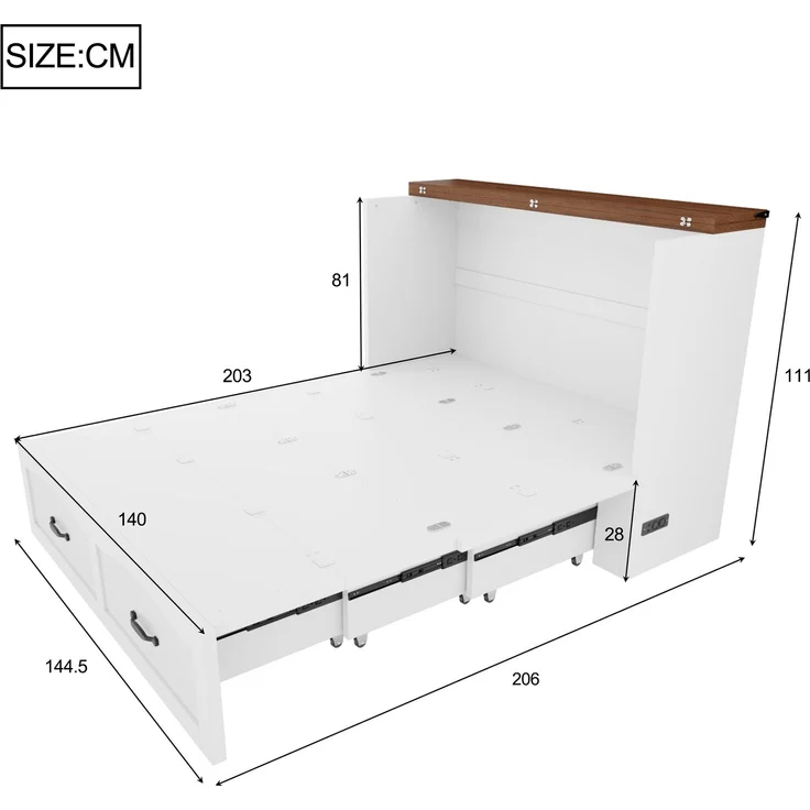 Merax Schrankbett 140x200 cm, Doppelbett, Klappbett Ausziehbares Bettgestell mit Stauraum, Steckdose nach europäischem Standard, Metallrahmen, geräuscharme Rollen, Weiß – Bild 4