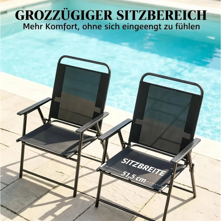 Klappbares Gartenstuhl-Set aus Stahl, 4er-Set mit Armlehnen, 65x60x94 cm, Schwarz – Bild 6