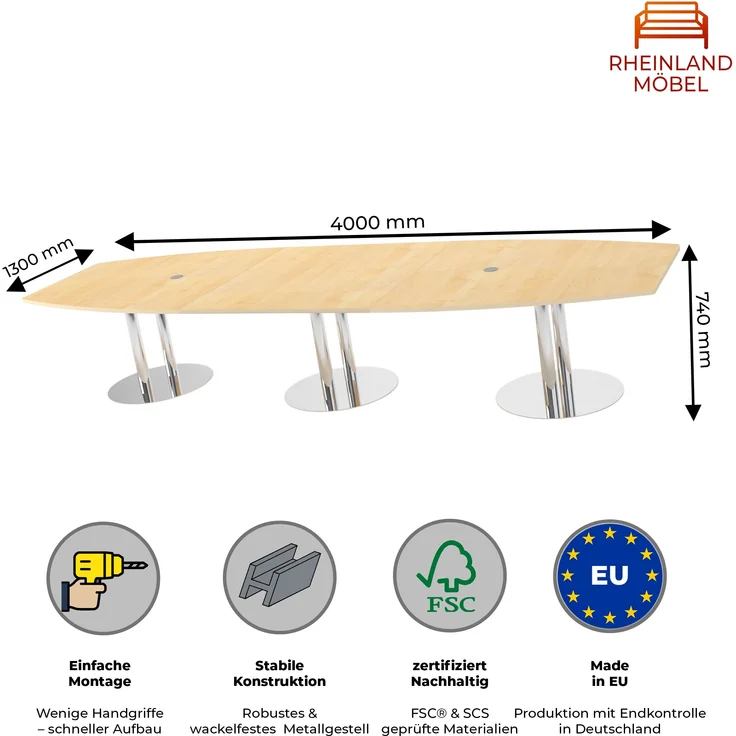 Rheinland Möbel Konferenztisch KONTI 400x130 cm – ovaler Besprechungstisch in Ahorn mit verchromten Säulenfüßen & 2 Kabelauslässen, erweiterbarer Meetingtisch für 12–14 Personen, moderner XXL-Tisch fürs Büro – Bild 3