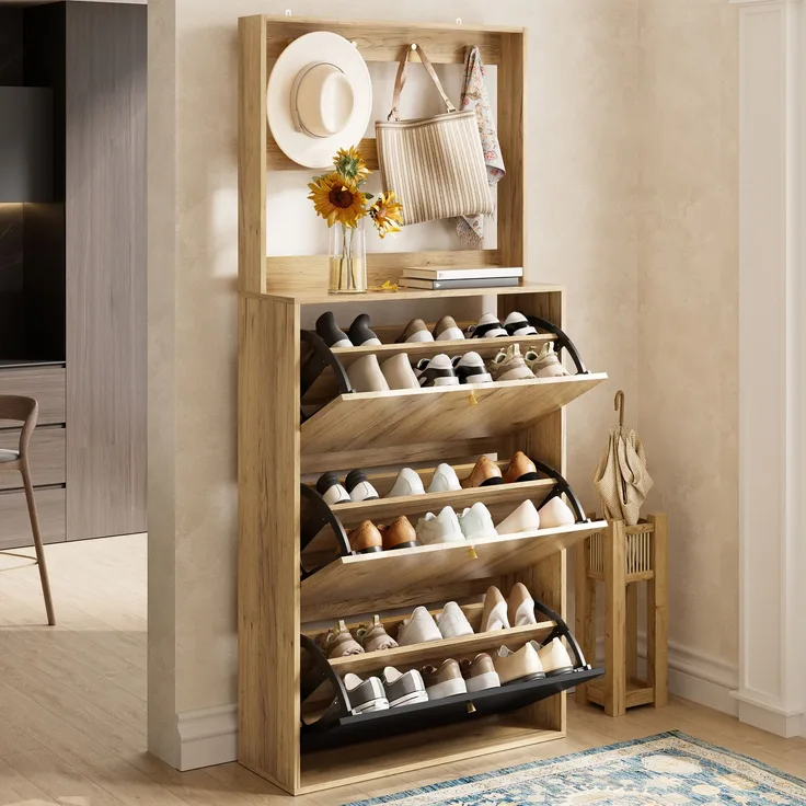 ZUBALIYA Schuhschrank (75 x 24 x 180 cm), Haken zur Aufbewahrung, Aus Spanplatte, Stauraum für Flur und Eingangsbereich, Schwarz / Naturfarben