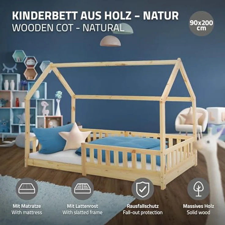 ML-DESIGN Kinderbett Hausbett mit Rausfallschutz, Dach und Lattenrost Massivholz, Bett 90x200 cm Natur mit Matratze 10cm Mädchen Jungen Holzbett – Bild 4