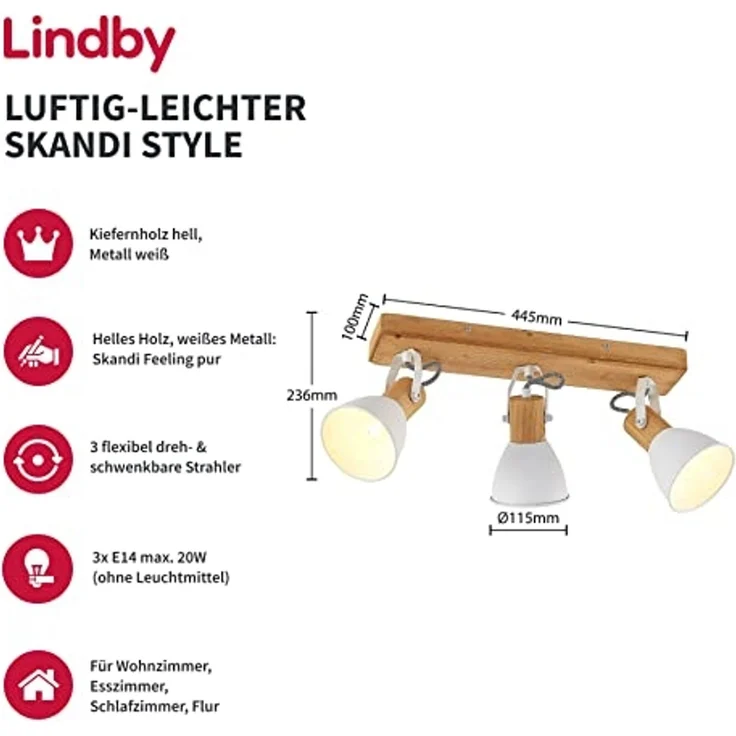 Lindby Deckenstrahler Merela, Holz IP20, 3 x 20 W – Bild 2
