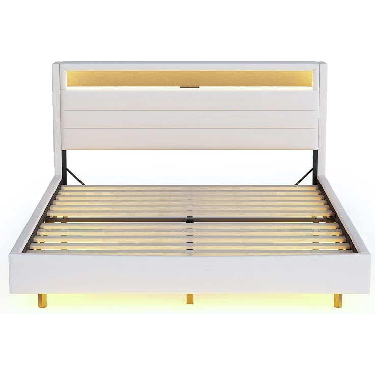 Polsterbett 160x200 cm mit USB-Steckdose und LED-Licht, wendbares Kopfteil, verdecktes Fußteil, Doppelflachbett, Jugendbett, Erwachsenenbett, Leinenstoff Beige – Bild 9