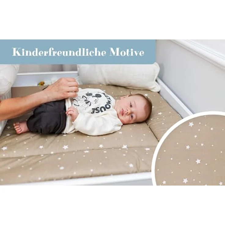 Wickelauflage Wickelunterlage aus Baumwolle 75x72 cm - Weich und waschbar Wickelunterlage für Babys Wickelmatte aus Stoff für Wickeltisch Wickelkommode oder Waschmaschine 75x72 Beige mit Weiß Sternen – Bild 6
