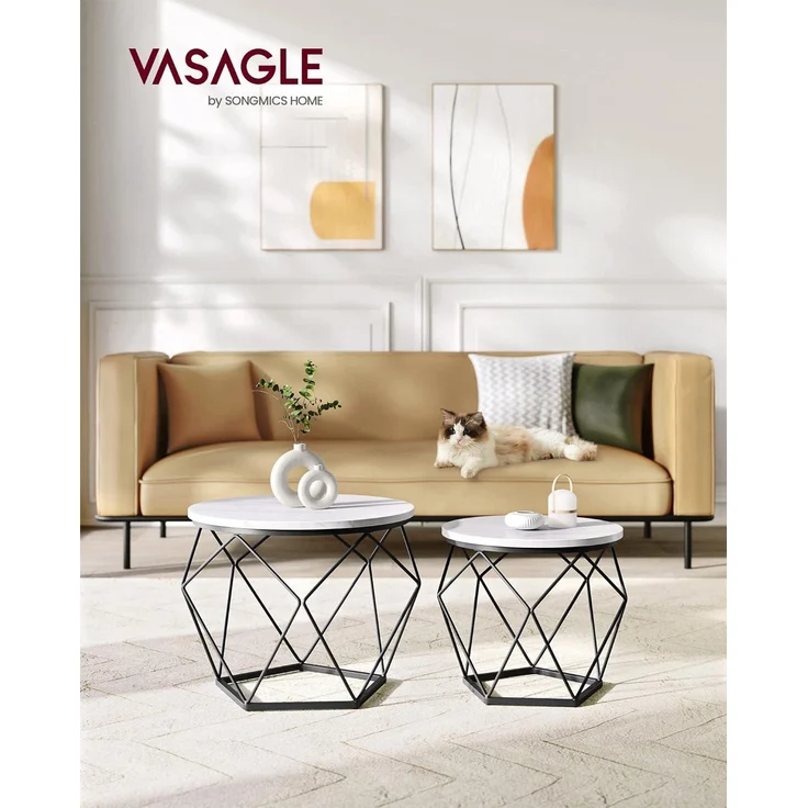 Vasagle Couchtisch rund, 2er Set, Wohnzimmertisch, Beistelltisch, modern, abnehmbare Tischplatte, für Wohnzimmer, weiß-schwarz – Bild 2