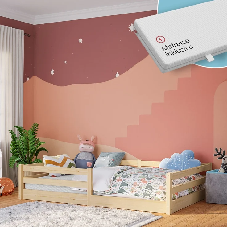 Bellabino 'Iskri' Bodenbett 140x200 cm mit Matratze, natur, Massivholz Kiefer, Montessori Kinderbett mit Rausfallschutz und Lattenrost – Bild 1