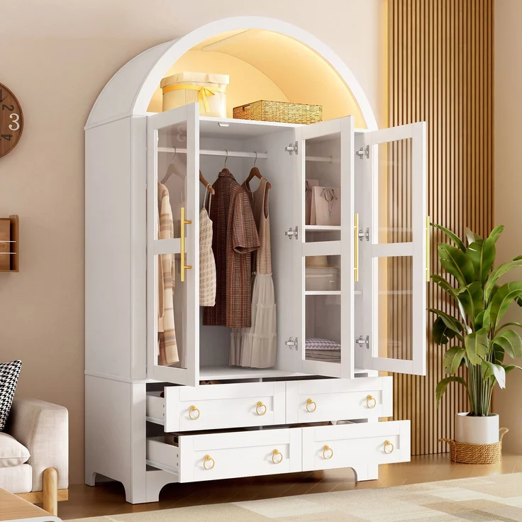 Kleiderschrank 110x50x186 cm in Weiß mit 3 Glastüren, 4 Schubladen und App-LED – Bild 2