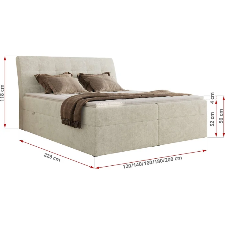 Boxspringbett DAGOS 140x200 cm mit Kopfteil, Lattenrost und Stauraum – Doppelbett mit Matratze & Topper Visco , stabile Konstruktion, Bettkasten, modernes Design - Creme Schenille grob gewebt - H4 – Bild 5