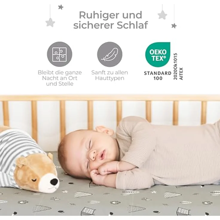 Dreamzie 2er Set Spannbettlaken 40x90 cm Beistellbett - Baumwolle Oeko-Tex - Bettlaken für Stubenwagen & Babybett klein - Woodland Weiß/Grau – Bild 6