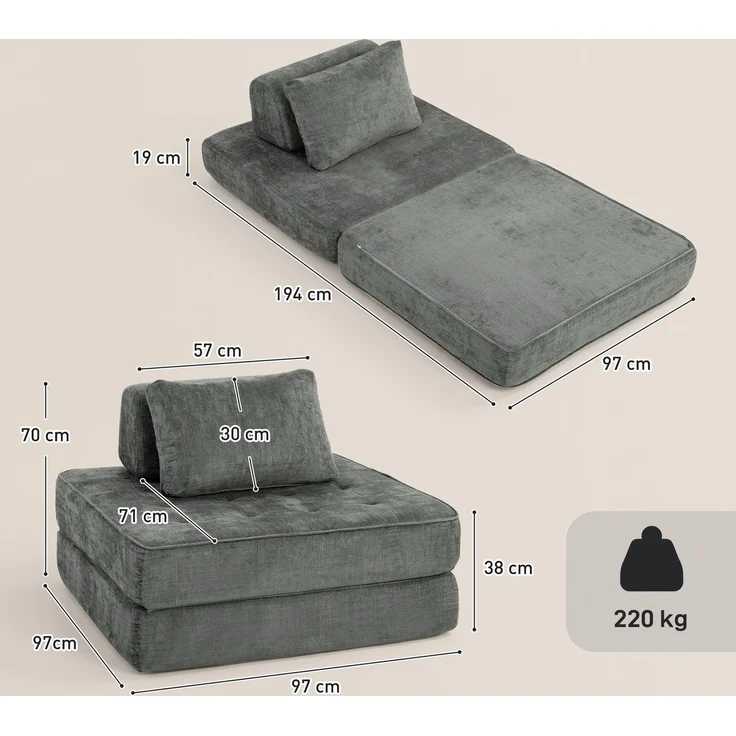 MELAYR, 2-in-1 Boneless Cloud Schlafsessel, 97 x 97 x 70 cm, Grau – Bild 5