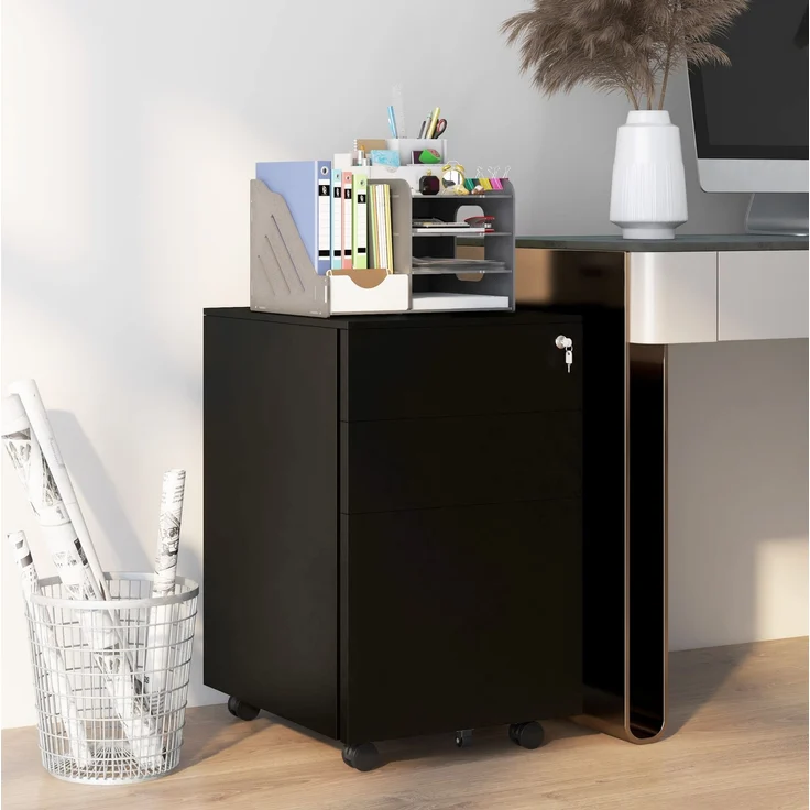Aktenschrank aus Stahl, abschließbar mit 3 Schubladen & Rollen, 37x43,5x60 cm, Schwarz – Bild 1