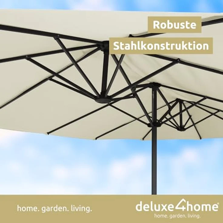 deluxe4home XXL Doppelsonnenschirm 450cm x 260cm, faltbar mit Handkurbel, Creme – Bild 4